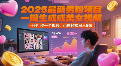 2025最新男粉项目，一键生成美女视频，日引600+色粉 十秒一个视频，小白轻松日入5张【揭秘】-谷进海小站