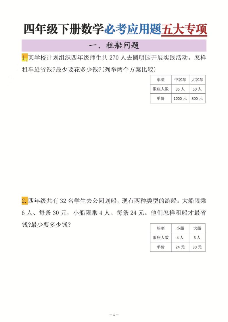 四年级下数学必考应用题五大专项-谷进海小站