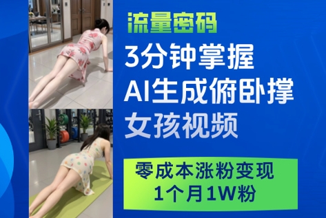 3分钟掌握AI生成俯卧撑女孩视频，零成本涨粉变现，1个月1W粉-谷进海小站