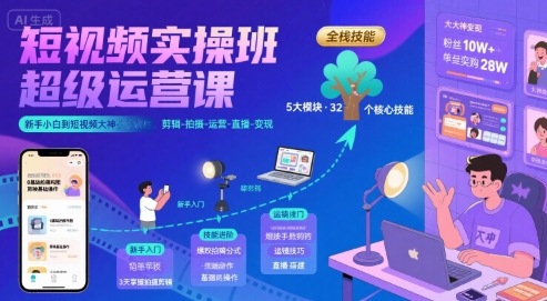 短视频实操班超级运营课，新手小白到短视频大神必修课程，剪辑-拍摄-运营-直播-变现-谷进海小站