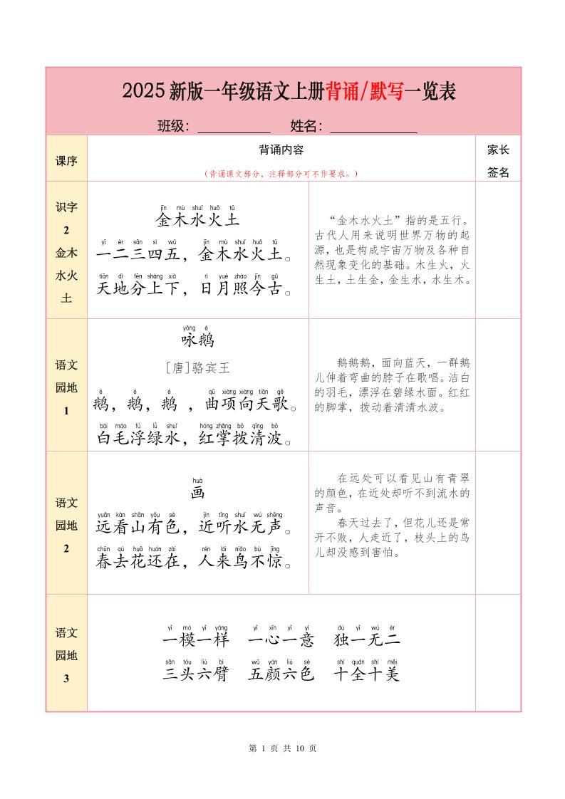 一上语文【25秋-必背内容+默写表】-谷进海小站