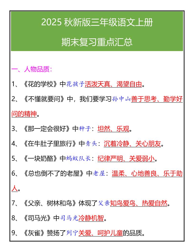 【2025秋新版】三年级语文上册期末复习重点汇总-谷进海小站