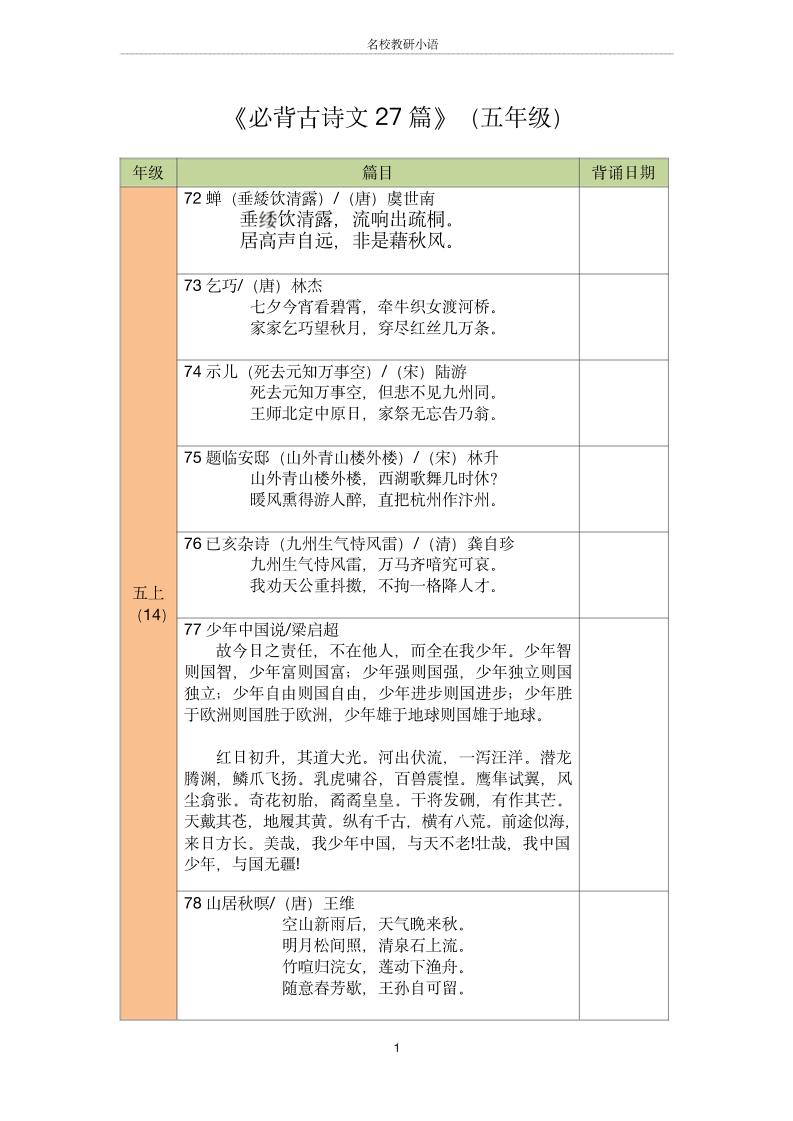 五年级古诗文背诵记录表-五上语文-谷进海小站