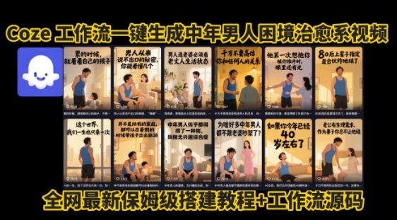coze工作流一键生成”中年男人困境扎心高涨粉高播放量图文视频”保姆级拆解教程，无需剪辑，无需拍摄写文案-谷进海小站