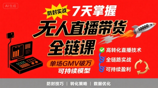无人直播带货全链防封实战课，7天掌握高转化直播技术，实现单场GMV破万可持续模型-谷进海小站