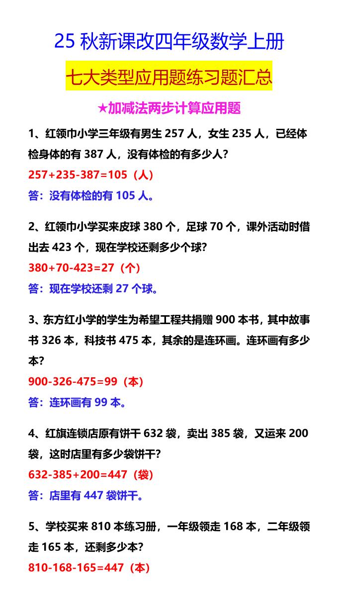 【2025秋新版】四年级数学上册七大类型应用题练习题汇总-谷进海小站