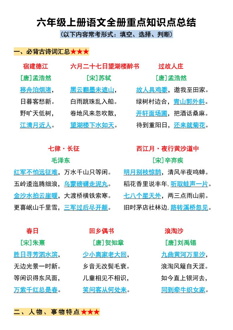 六上语文必背全册重点知识点总结11页-谷进海小站