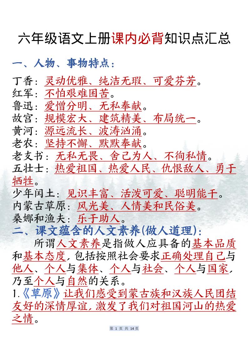 六上语文课内必背知识点汇总（共14页）-谷进海小站
