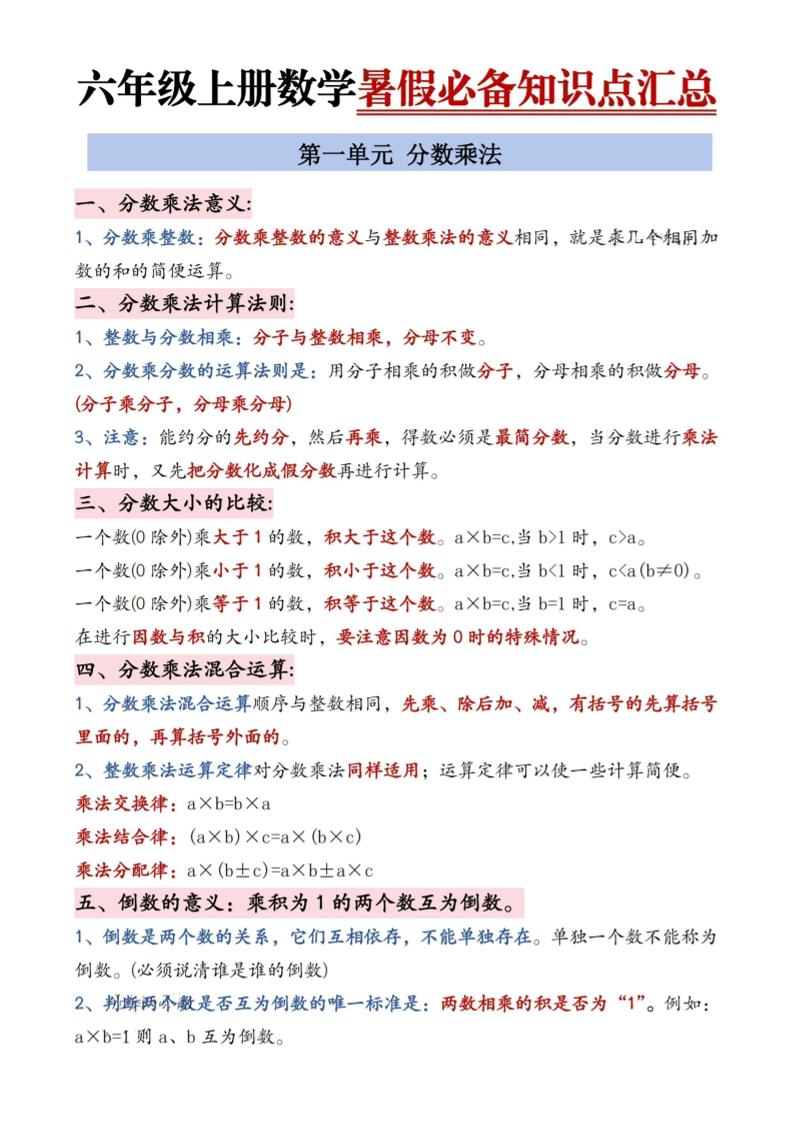 六年级上册数学暑假必备知识点汇总9页-谷进海小站