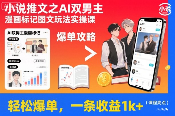 小说推文之AI双男主漫画标记图文玩法实操课，轻松爆单，一条收益1k+-谷进海小站