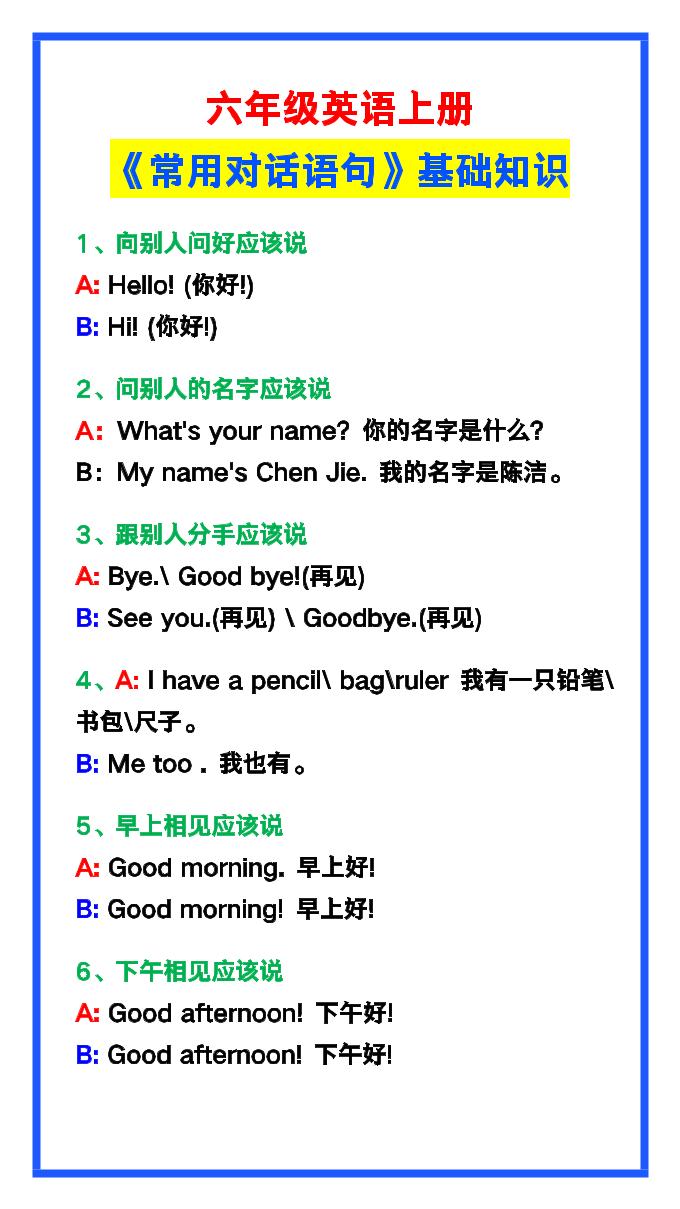 【2025秋新版】六年级英语上册《常用对话语句》-谷进海小站