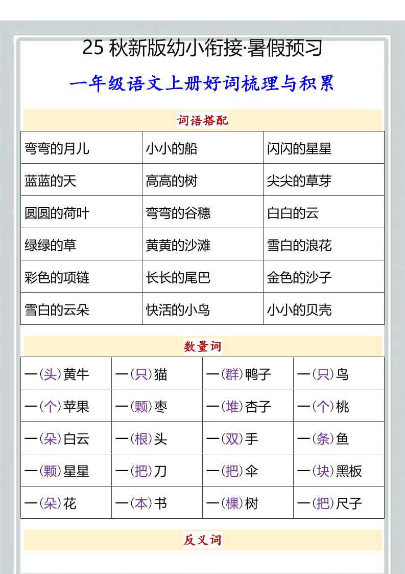 【2025秋新版】幼小衔接一年级语文上册好词梳理与积累-谷进海小站