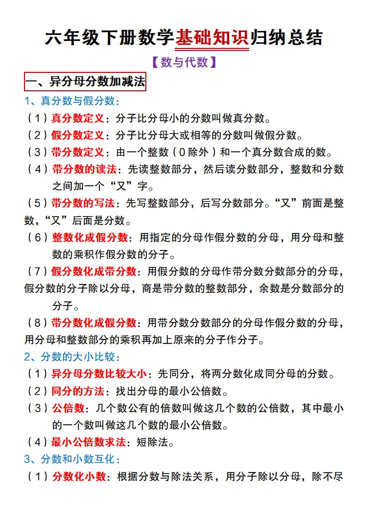 【冀教版】六年级下册数学基础知识归纳总结-谷进海小站