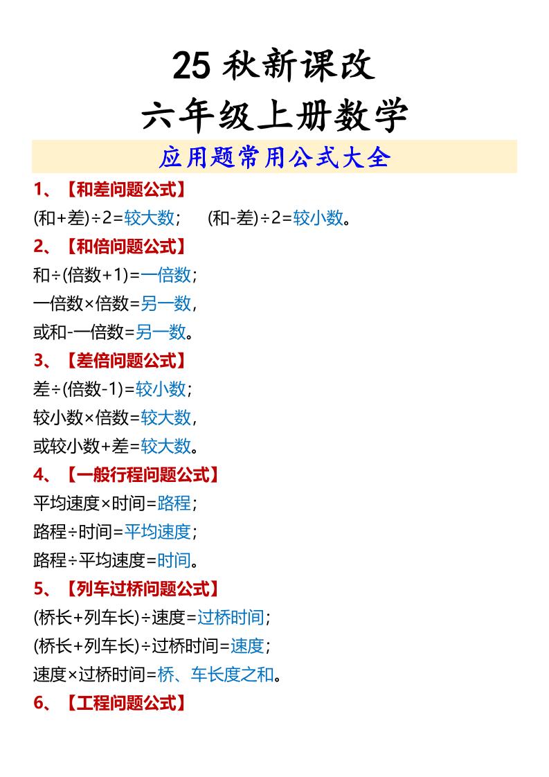 【2025秋新版】六年级上册数学应用题常用公式大全-谷进海小站