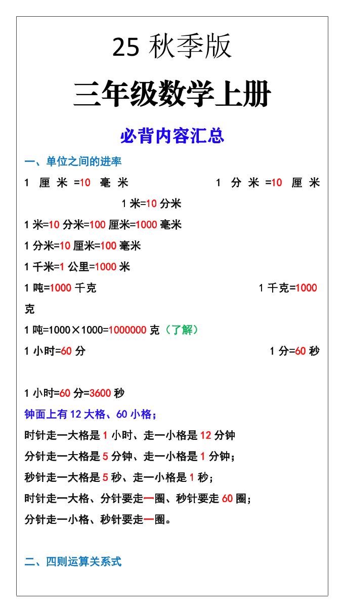 【2025秋新版】三年级数学上册必背内容汇总-谷进海小站
