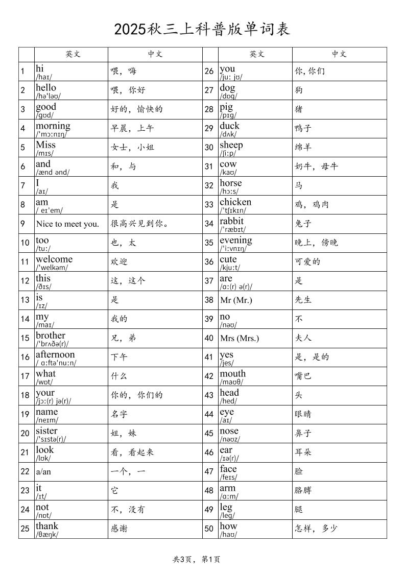 2025秋三上英语科普版单词表-谷进海小站