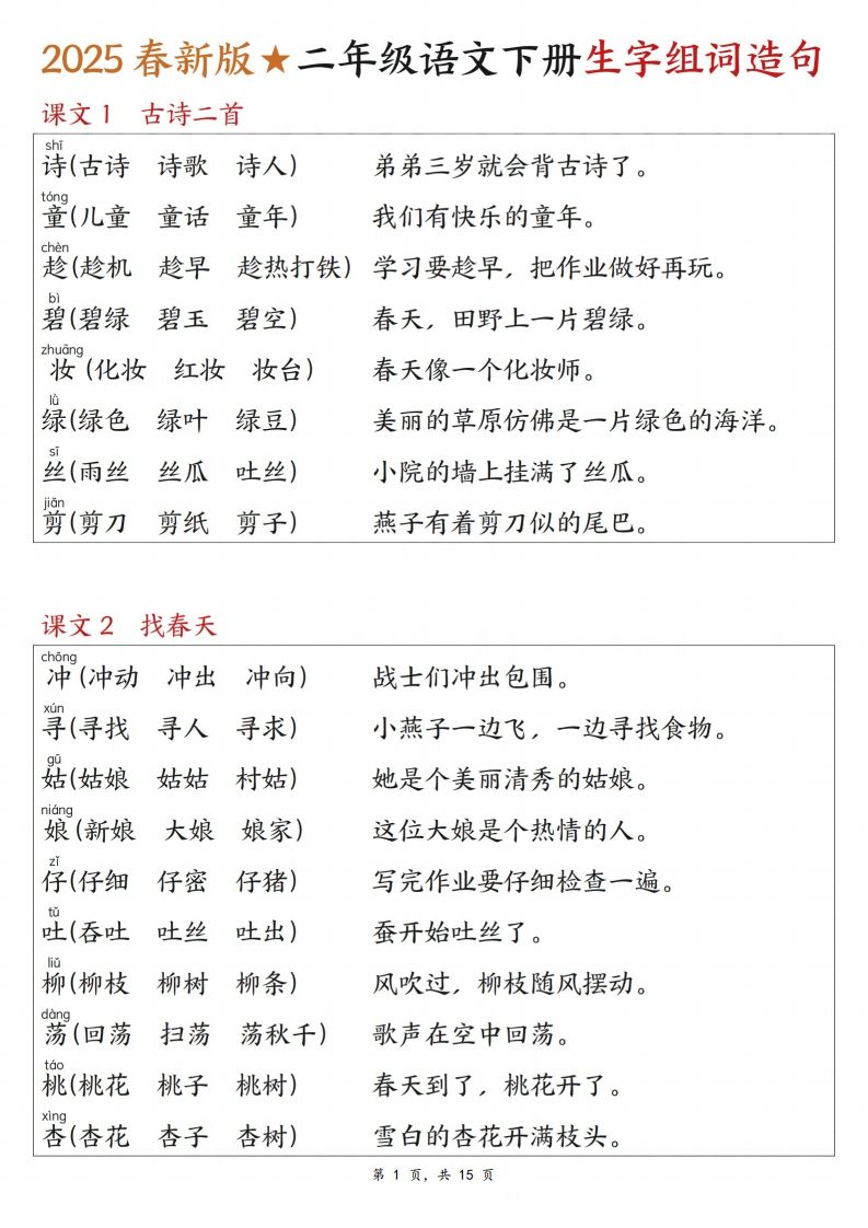 25春二下语文写字表生字组词造句（15页）-谷进海小站