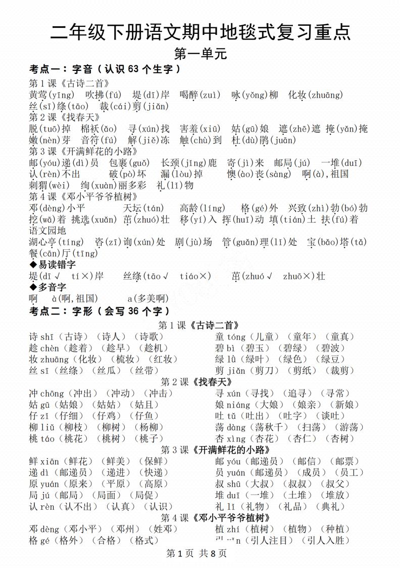 二年级下册语文期中地毯式复习重点8页-谷进海小站