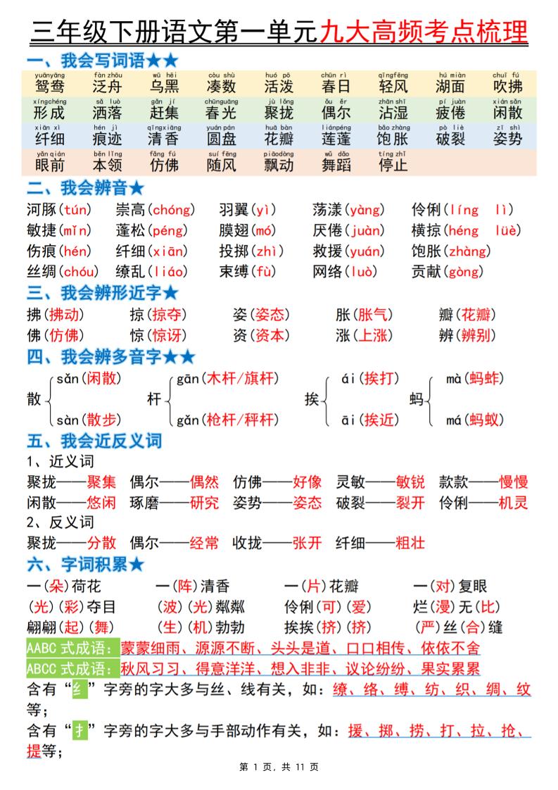 三下语文期中复习1-4单元高频考点梳理（11页）-谷进海小站