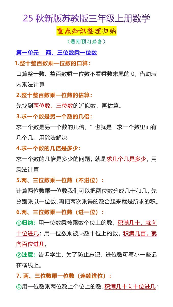 【2025秋新版】苏教版三年级上册数学重点知识整理归纳-谷进海小站