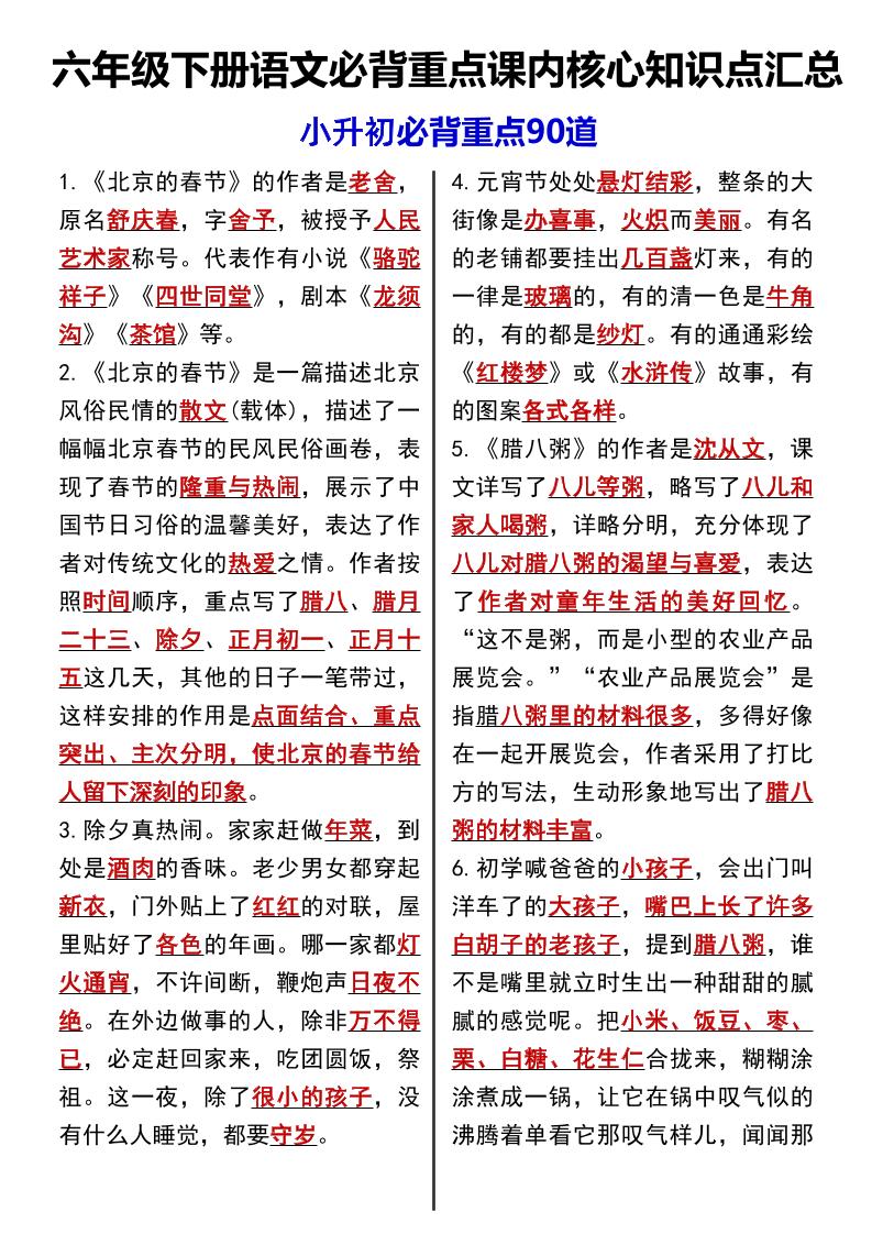 六年级下语文课内必背重点90道-谷进海小站