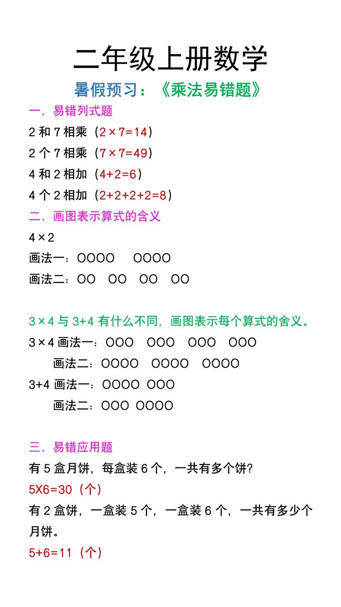 二年级上册数学暑假预习《乘法易错题》-谷进海小站