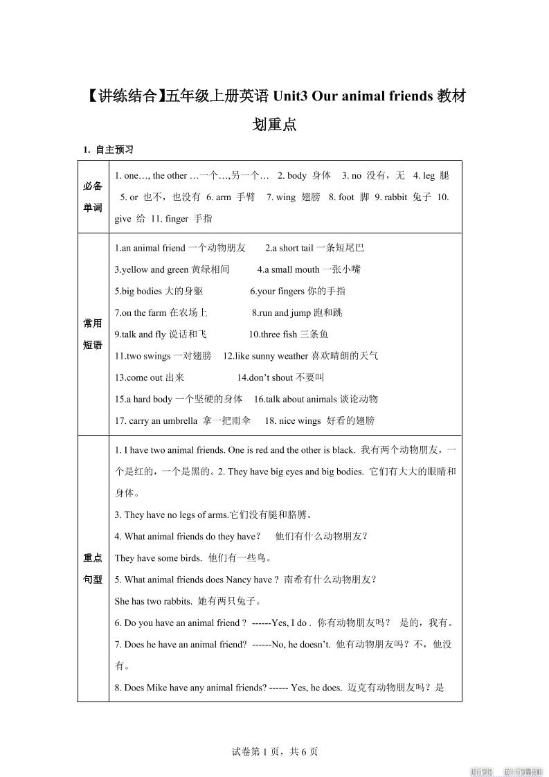【单元热点难点】译林版（三起）英语五年级上册Unit3Ouranimalfriends教材划重点-谷进海小站