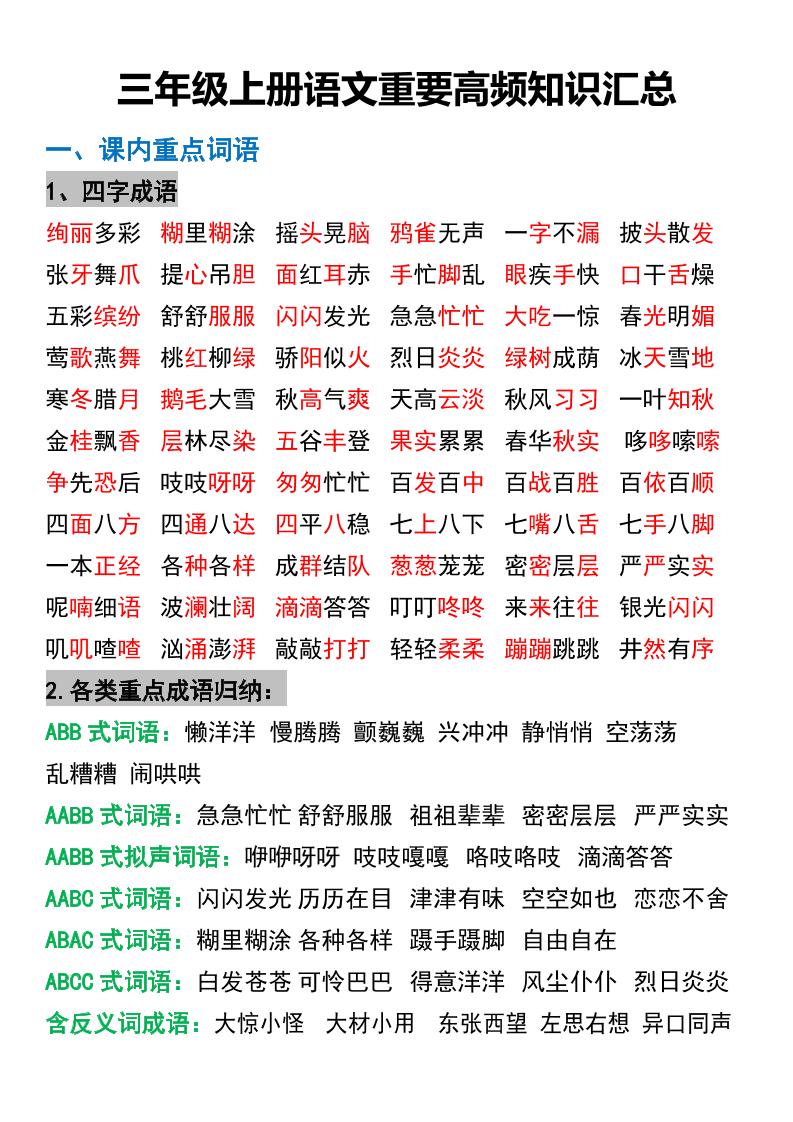 三年级上册语文重要高频知识汇总-谷进海小站