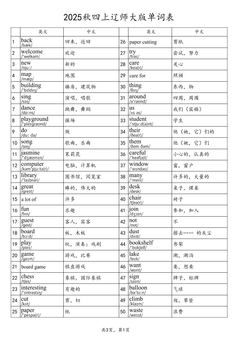 2025秋四上英语辽师大版单词表-谷进海小站