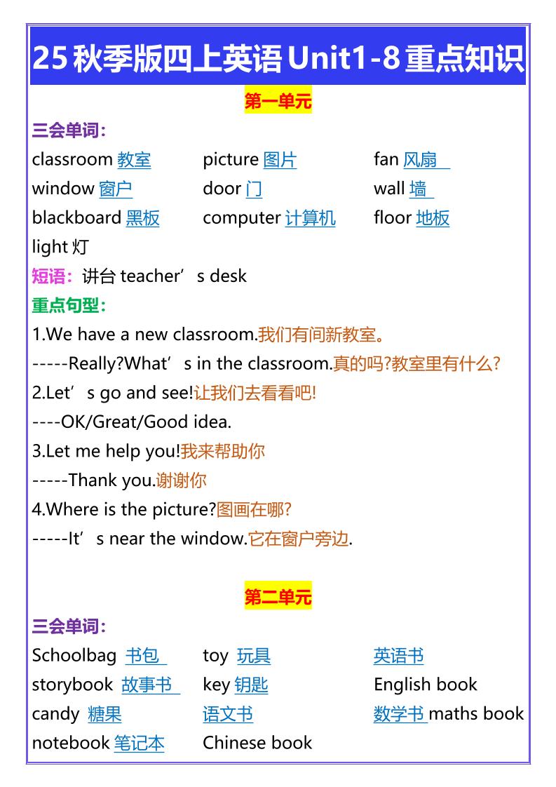 【2025秋新版】四年级上册英语Unit1-8重点知识-谷进海小站