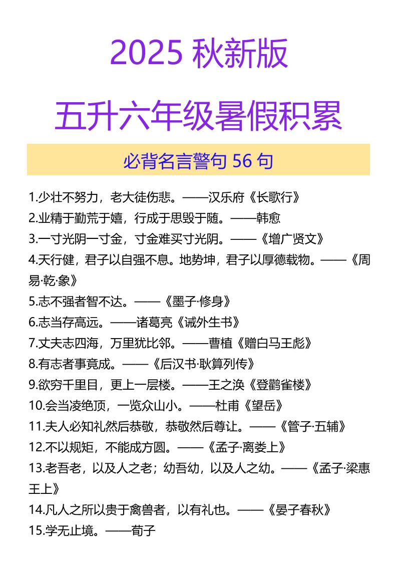 【2025秋新版】五升六年级暑假积累必背名言警句56句-六上语文-谷进海小站