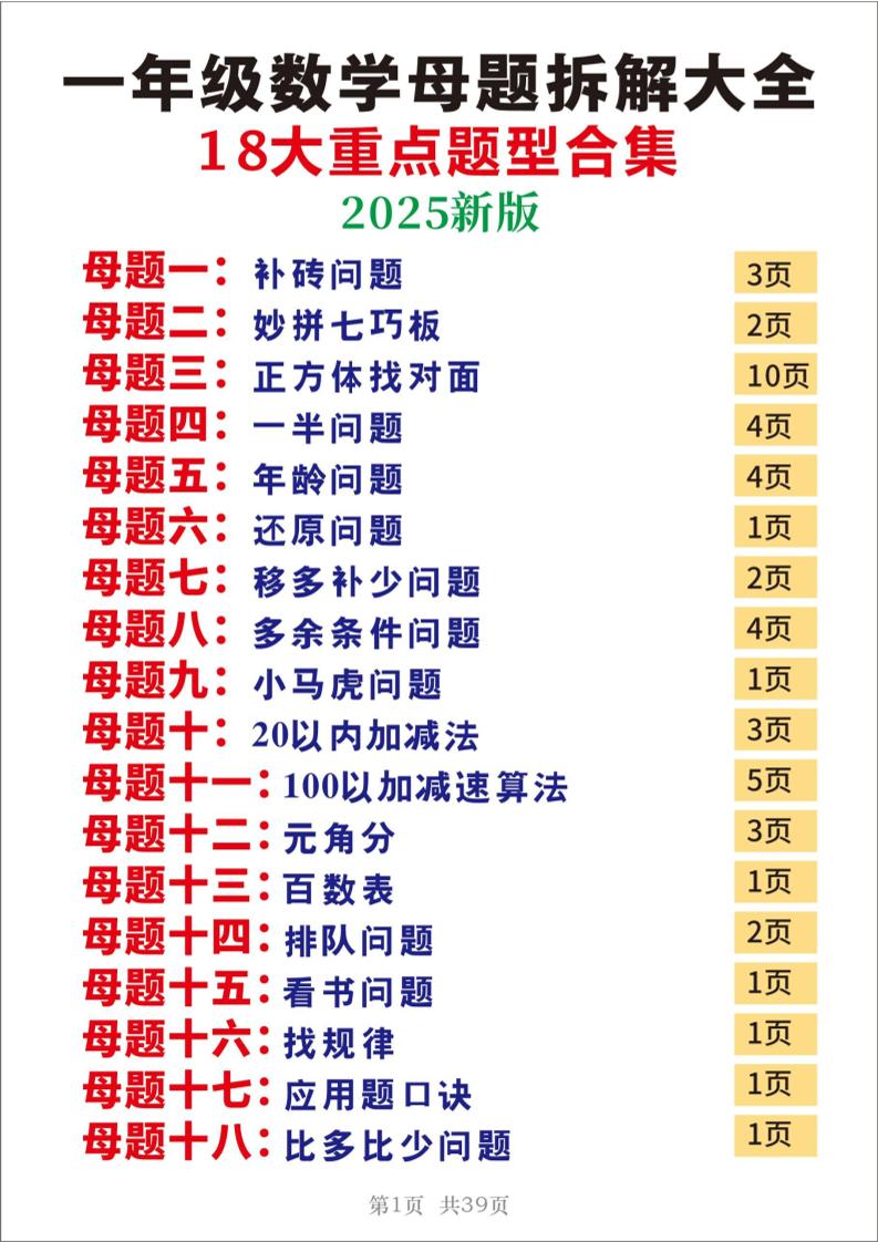 25一年级下册数学十八大母题重点题型39页-谷进海小站