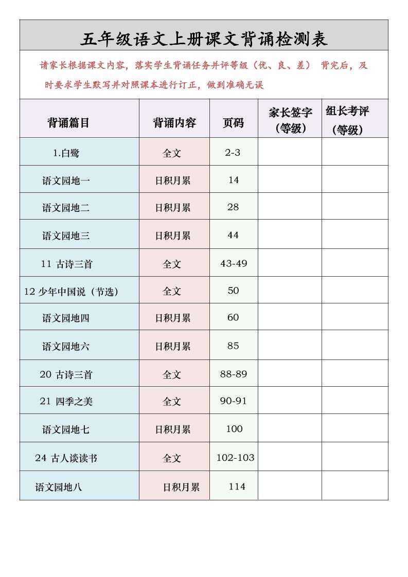 五年级语文上册课文背诵检测表-谷进海小站