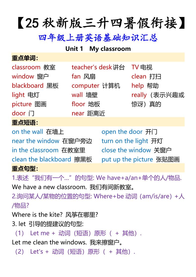 【2025秋新版】四年级上册英语基础知识汇总-谷进海小站