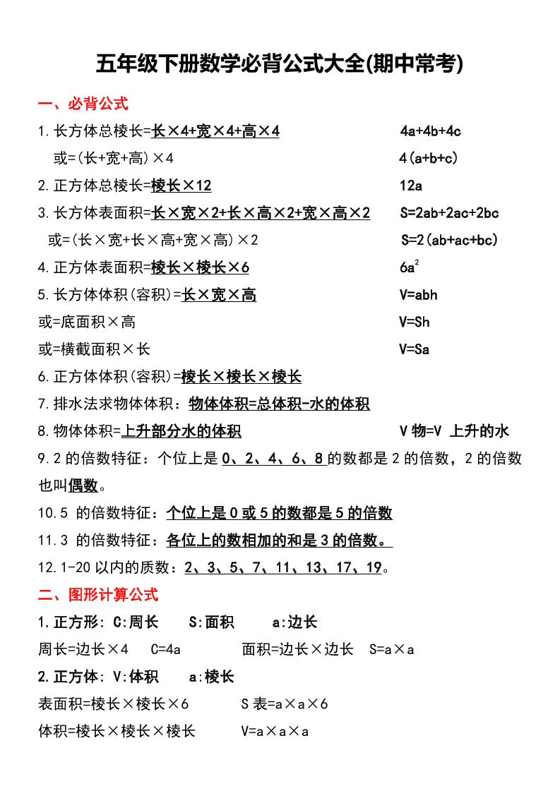 五年级下册数学必背公式大全(期中常考)-谷进海小站