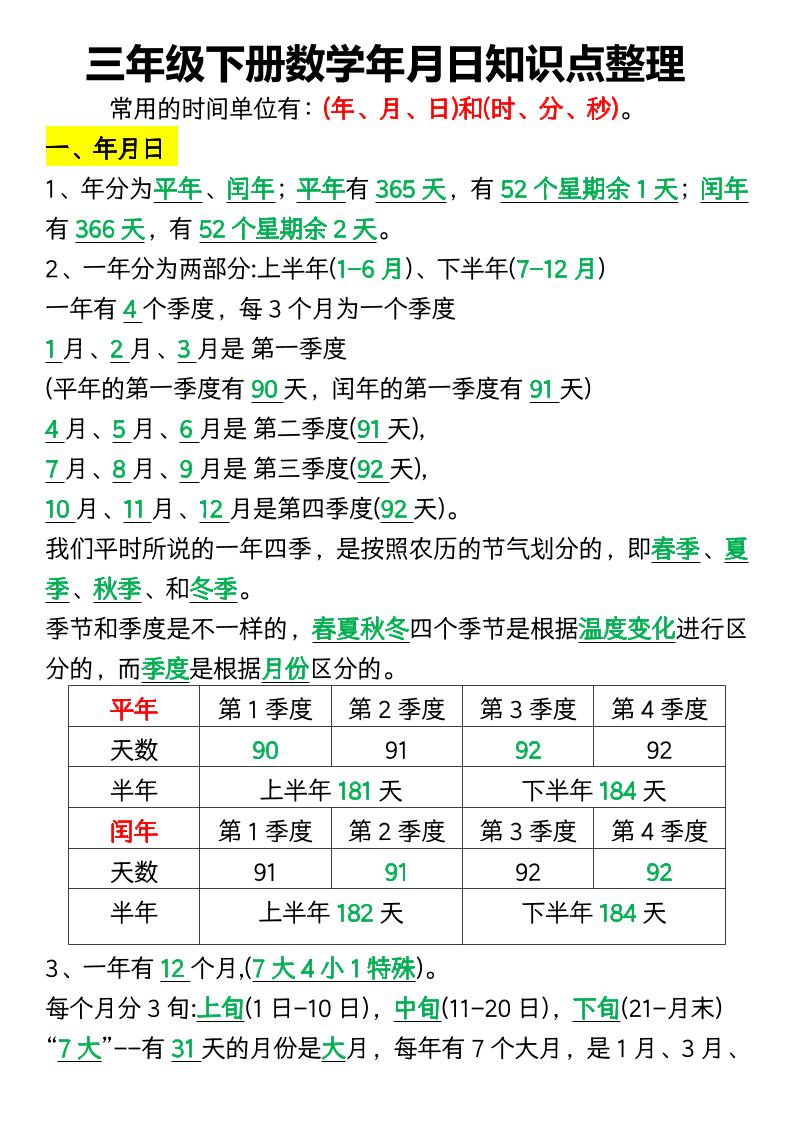 三下数学年月日知识点整理-谷进海小站