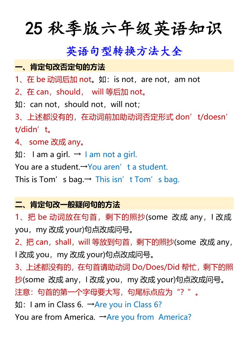 【2025秋新版】六年级上册英语英语句型转换方法大全-谷进海小站