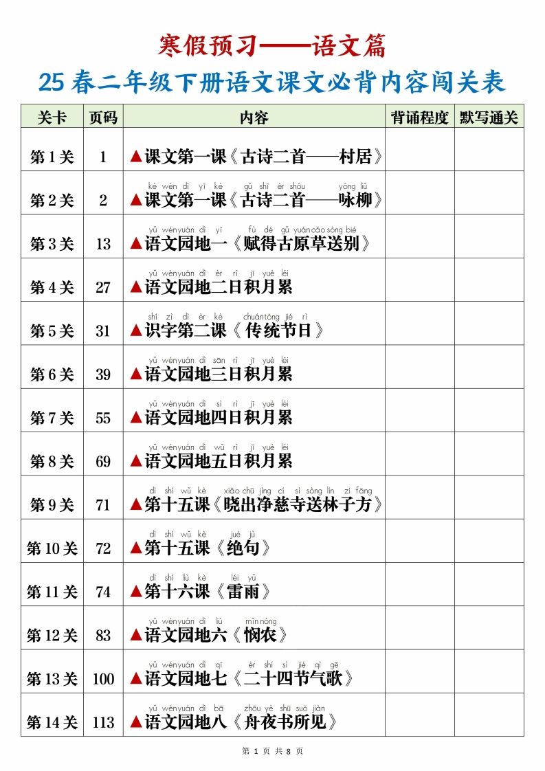 25春二下语文课文必背内容闯关表+默写8页-谷进海小站