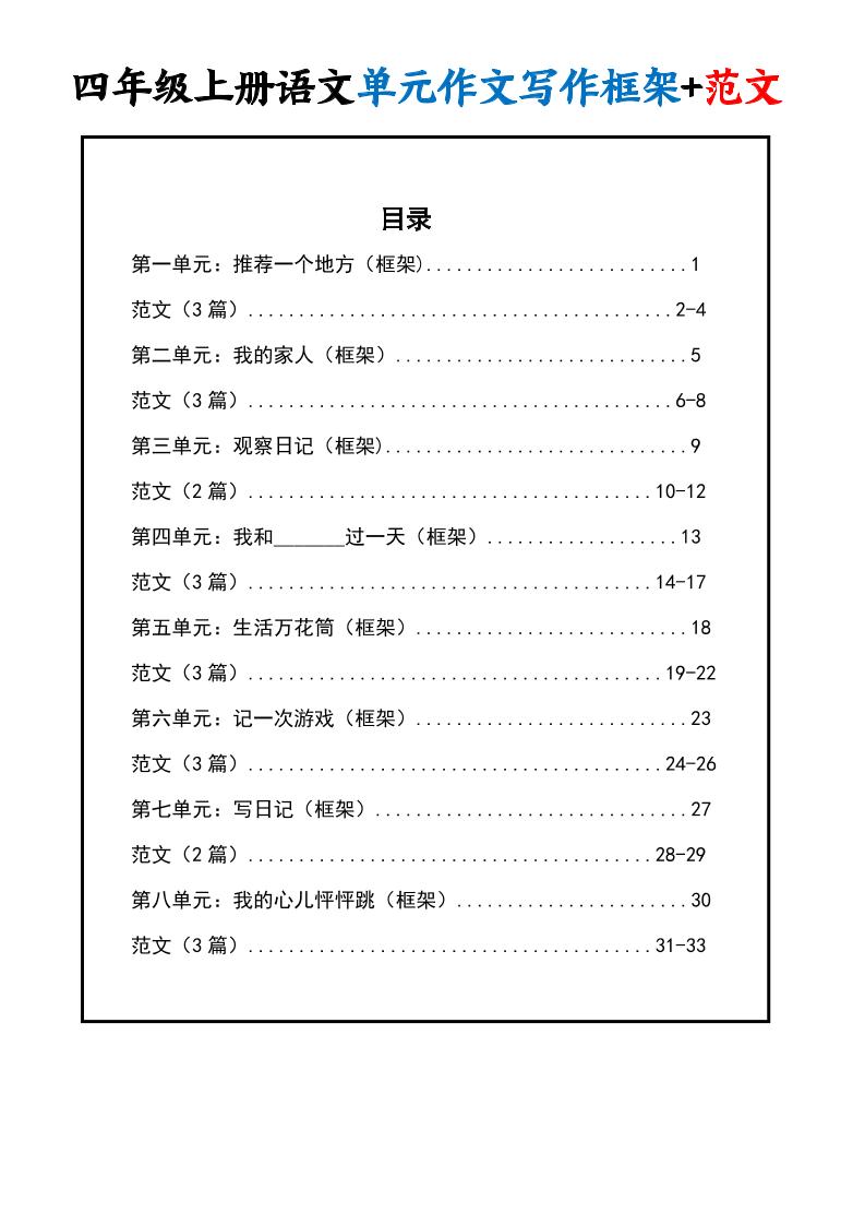 四上语文1-8单元作文写作框架+范文34页-谷进海小站