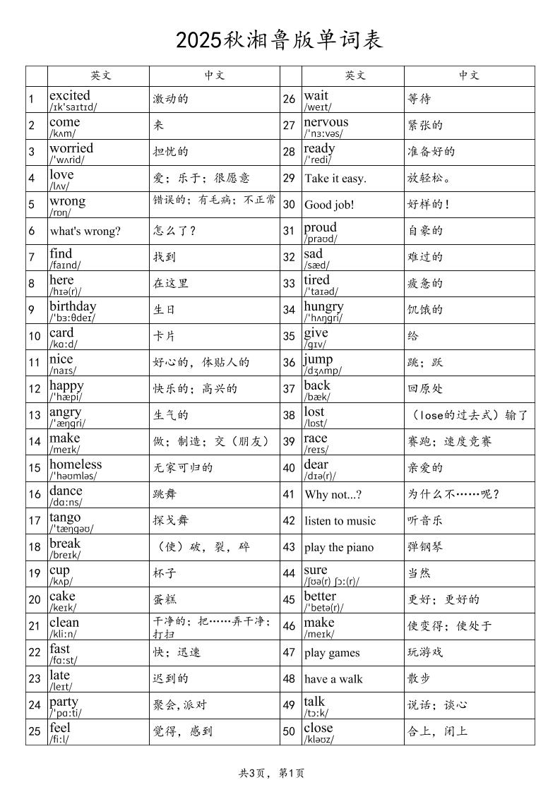 2025秋四上英语湘鲁版单词表-谷进海小站