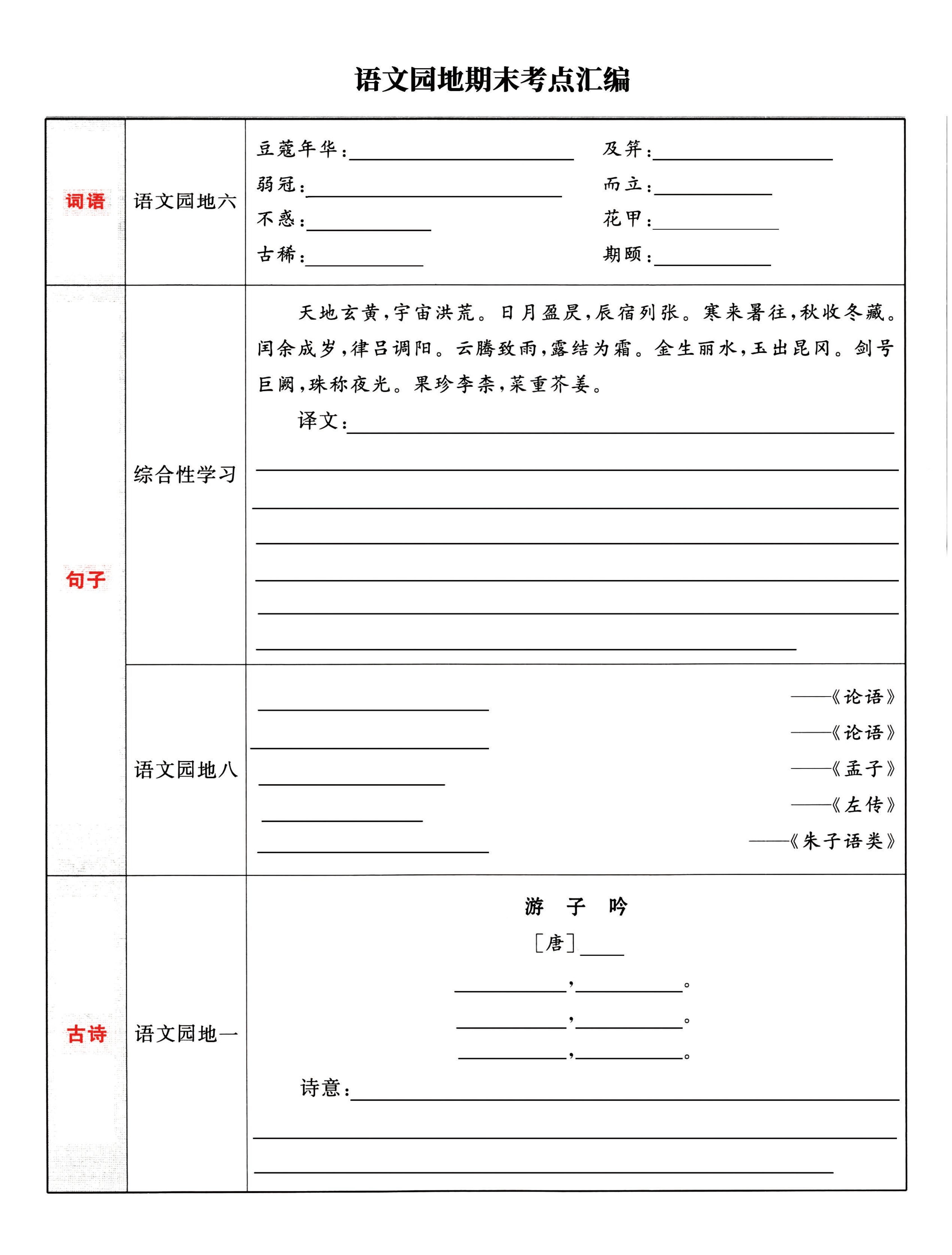五下语文《语文园地》期末考点汇编，附配套习题和默写集训-谷进海小站