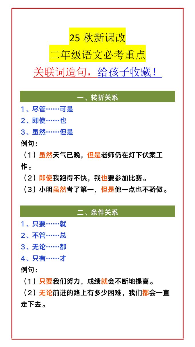 【2025秋新版】二年级语文必考重点关联词造句，给孩子收藏！-二上语文-谷进海小站
