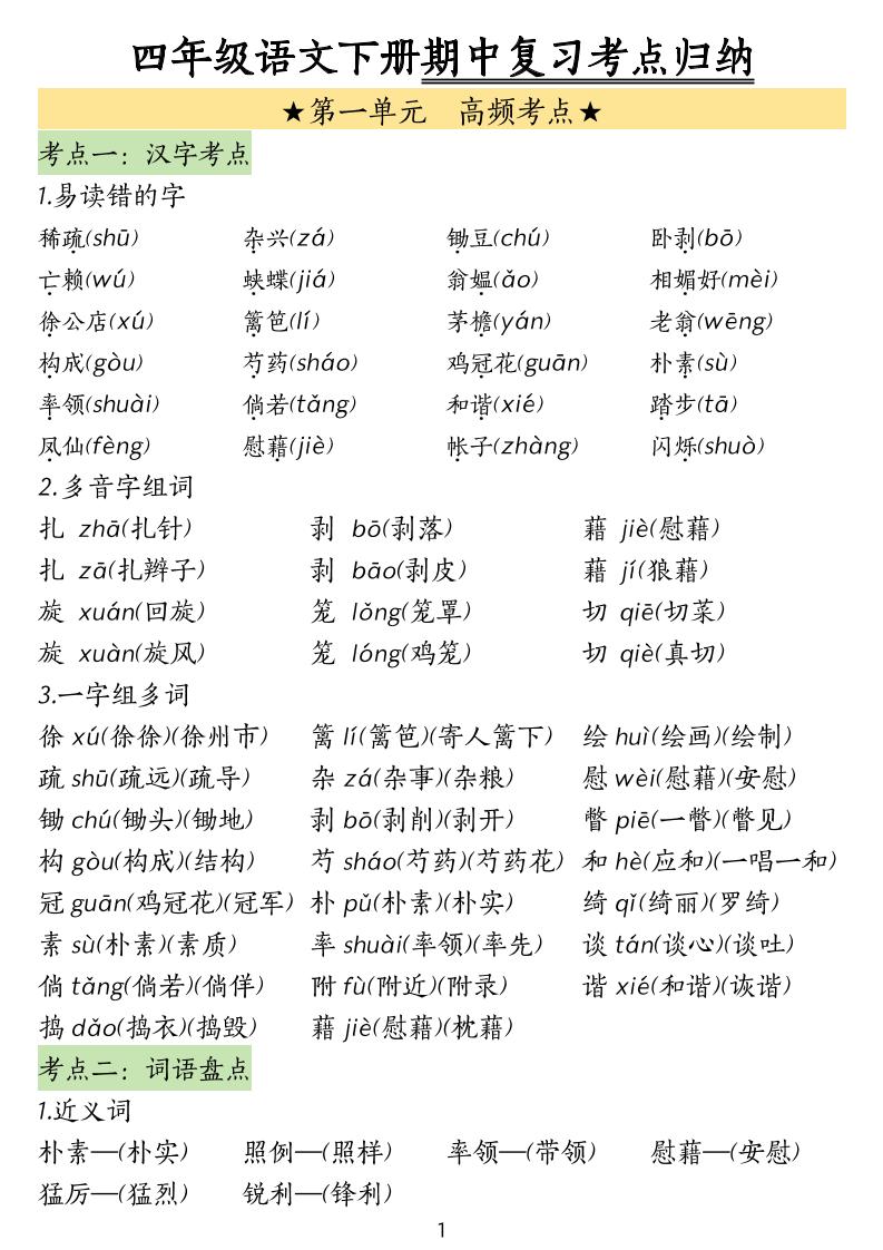 四下语文期中常考知识点汇总-谷进海小站