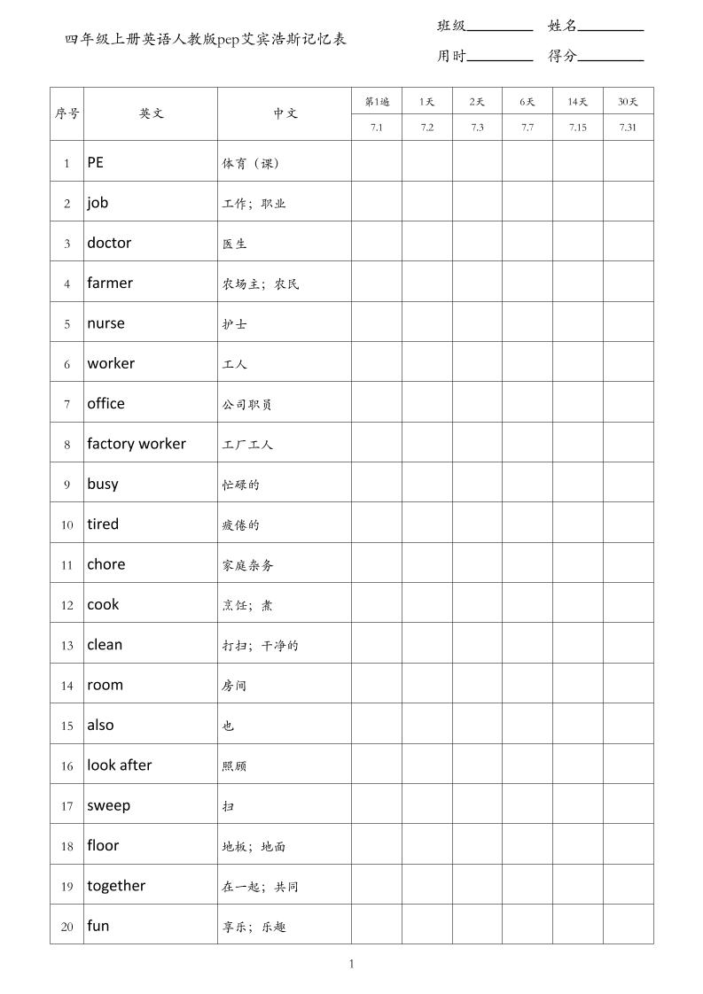 四年级上册英语人教版pep艾宾浩斯记忆表-谷进海小站