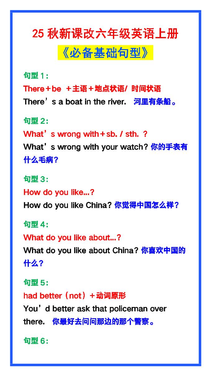 【2025秋新版】六年级英语上册《必备基础句型》，最全整理！-谷进海小站