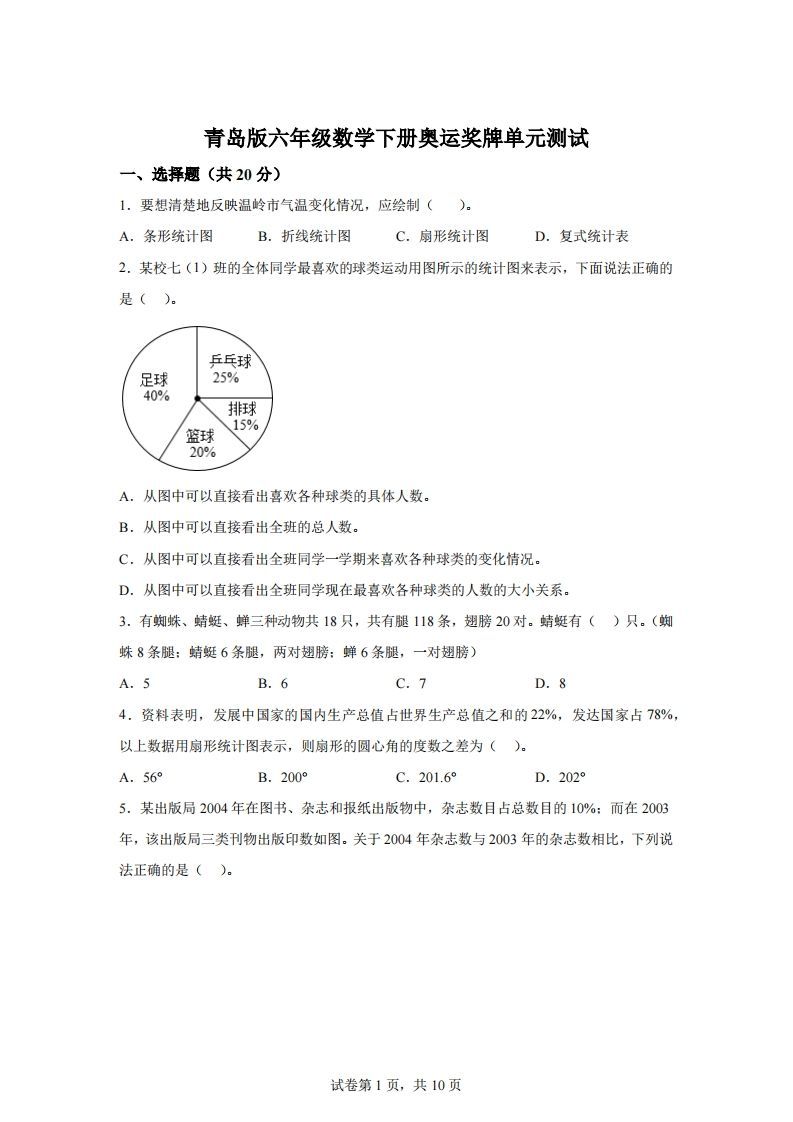 青岛63版数学六年级下册第五单元《奥运奖牌——扇形统计图》单元测试卷-谷进海小站
