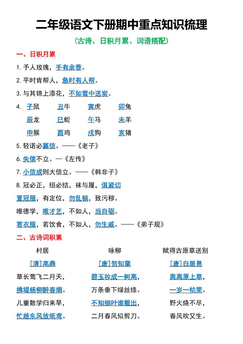 二年级语文下册期中重点知识梳理6页-谷进海小站