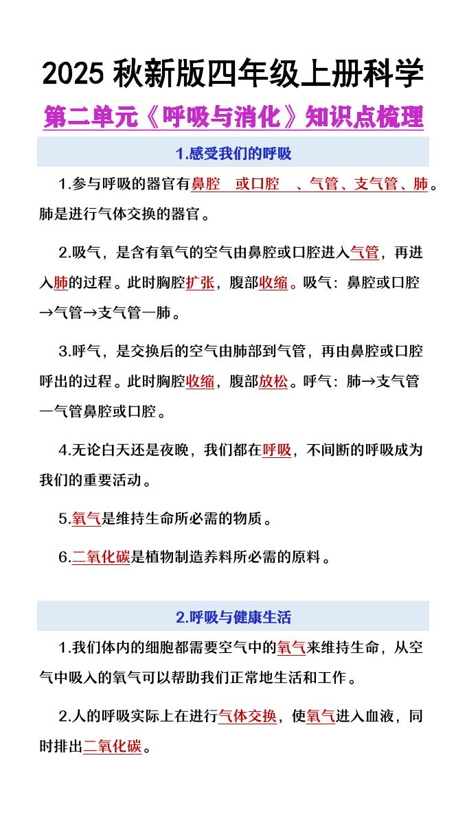 【2025秋新版】四年级上册语文第2单元《呼吸与消化》知识点梳理-谷进海小站
