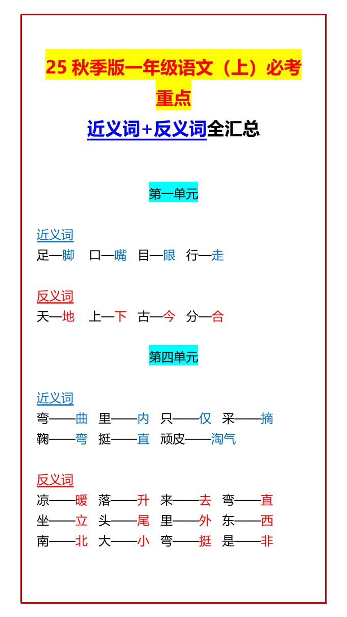 【2025秋新版】一年级语文上必考重点近义词+反义词全汇总-谷进海小站