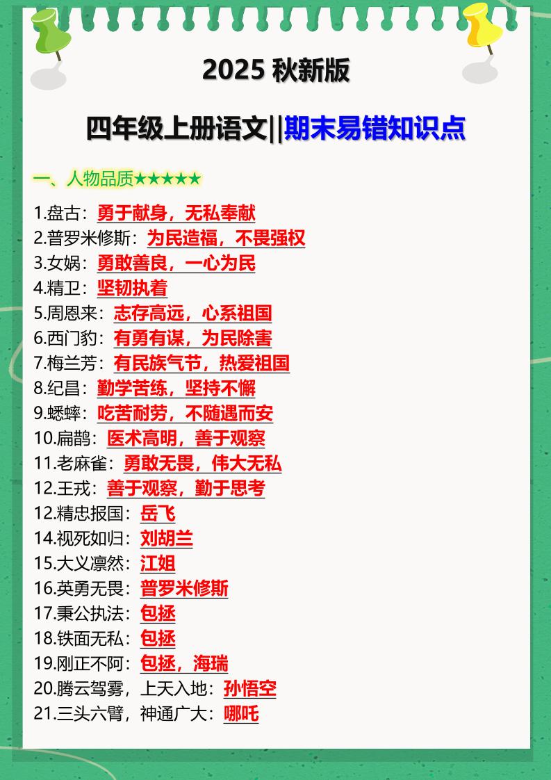 【2025秋新版】四年级上册语文‖期末易错知识点-谷进海小站